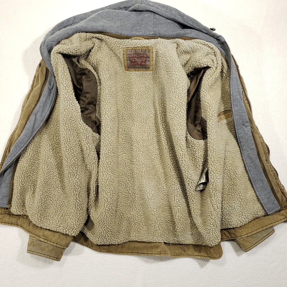 Levis Canvas Jacket Men XL Tan Sherpa Lined Zip In Hood Utility Coat Distressed - Picture 6 of 15